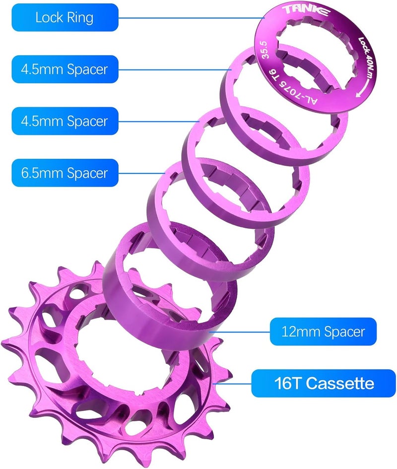 CooMeng 15T/16T/18T Single Speed Cogs Conversion Kit for Multi-Speed Bike to Dirt Jump/BMX, Aluminum Single Speed Cassette with Spacer and Locking Ring - Image 3